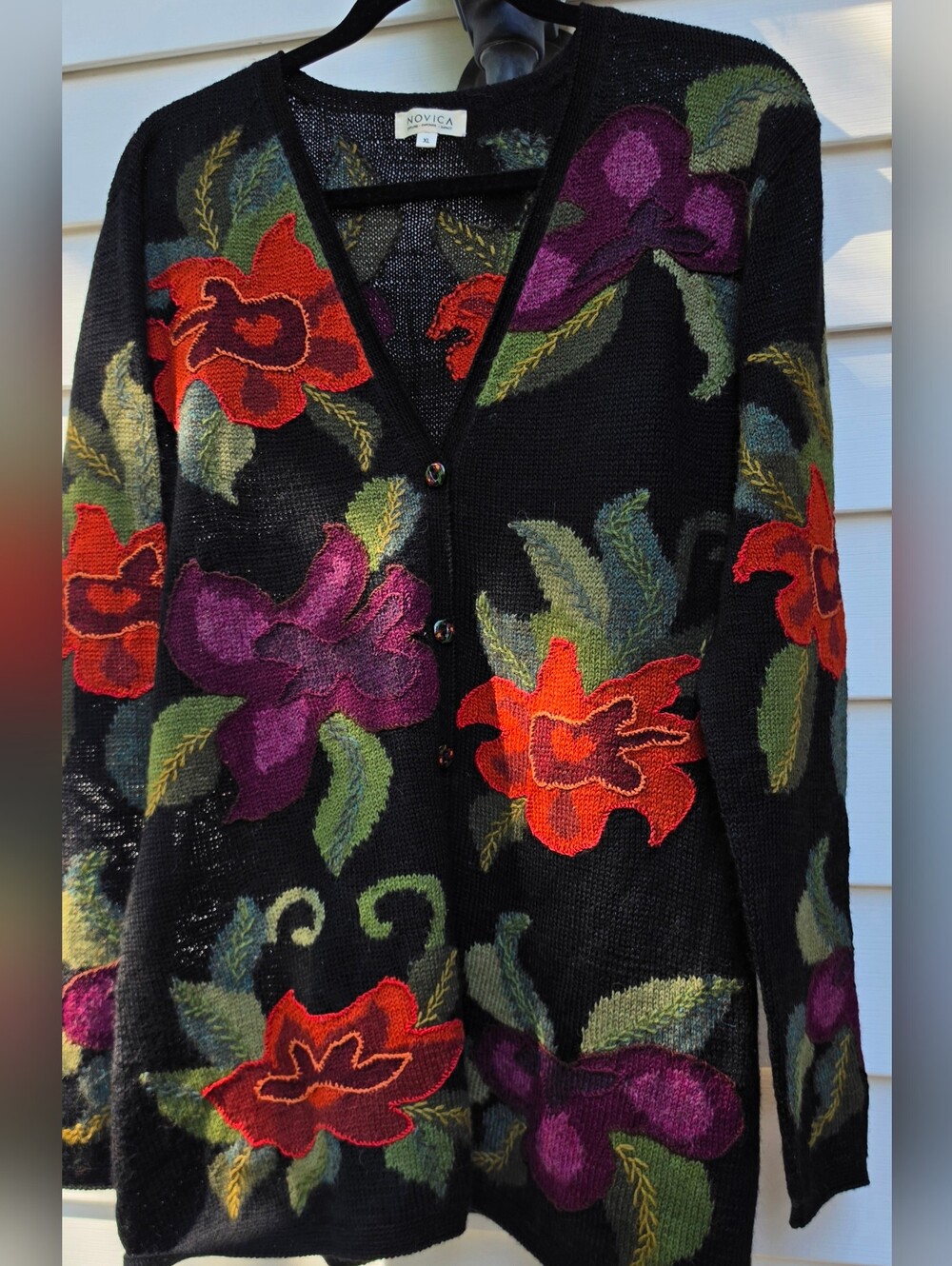 New Peruvian Alpaca Black Floral Button-Front Sweater Cardigan Red Purple Flower